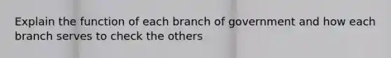 Explain the function of each branch of government and how each branch serves to check the others