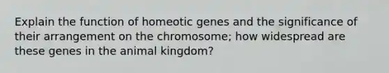 Explain the function of homeotic genes and the significance of their arrangement on the chromosome; how widespread are these genes in the animal kingdom?