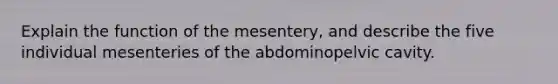 Explain the function of the mesentery, and describe the five individual mesenteries of the abdominopelvic cavity.