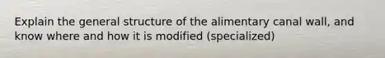 Explain the general structure of the alimentary canal wall, and know where and how it is modified (specialized)