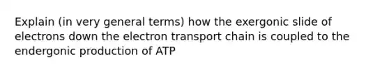 Explain (in very general terms) how the exergonic slide of electrons down the electron transport chain is coupled to the endergonic production of ATP