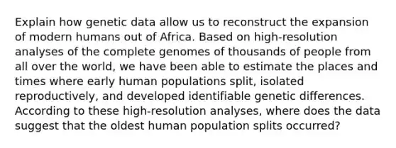 Explain how genetic data allow us to reconstruct the expansion of modern humans out of Africa. Based on high-resolution analyses of the complete genomes of thousands of people from all over the world, we have been able to estimate the places and times where early human populations split, isolated reproductively, and developed identifiable genetic differences. According to these high-resolution analyses, where does the data suggest that the oldest human population splits occurred?