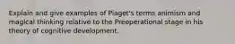 Explain and give examples of Piaget's terms animism and magical thinking relative to the Preoperational stage in his theory of cognitive development.