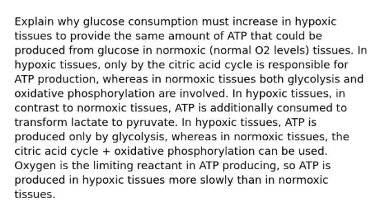 Explain why glucose consumption must increase in hypoxic tissues to provide the same amount of ATP that could be produced from glucose in normoxic (normal O2 levels) tissues. In hypoxic tissues, only by the citric acid cycle is responsible for <a href='https://www.questionai.com/knowledge/kQXM5vFKbG-atp-production' class='anchor-knowledge'>atp production</a>, whereas in normoxic tissues both glycolysis and <a href='https://www.questionai.com/knowledge/kFazUb9IwO-oxidative-phosphorylation' class='anchor-knowledge'>oxidative phosphorylation</a> are involved. In hypoxic tissues, in contrast to normoxic tissues, ATP is additionally consumed to transform lactate to pyruvate. In hypoxic tissues, ATP is produced only by glycolysis, whereas in normoxic tissues, the citric acid cycle + oxidative phosphorylation can be used. Oxygen is the limiting reactant in ATP producing, so ATP is produced in hypoxic tissues more slowly than in normoxic tissues.