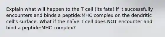 Explain what will happen to the T cell (its fate) if it successfully encounters and binds a peptide:MHC complex on the dendritic cell's surface. What if the naïve T cell does NOT encounter and bind a peptide:MHC complex?