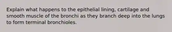 Explain what happens to the epithelial lining, cartilage and smooth muscle of the bronchi as they branch deep into the lungs to form terminal bronchioles.