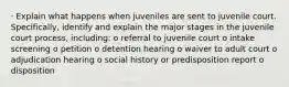 · Explain what happens when juveniles are sent to juvenile court. Specifically, identify and explain the major stages in the juvenile court process, including: o referral to juvenile court o intake screening o petition o detention hearing o waiver to adult court o adjudication hearing o social history or predisposition report o disposition