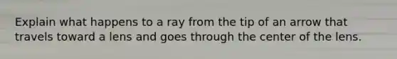 Explain what happens to a ray from the tip of an arrow that travels toward a lens and goes through the center of the lens.