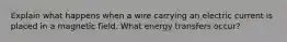 Explain what happens when a wire carrying an electric current is placed in a magnetic field. What energy transfers occur?