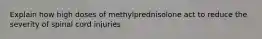 Explain how high doses of methylprednisolone act to reduce the severity of spinal cord injuries