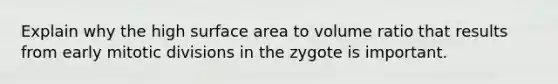 Explain why the high surface area to volume ratio that results from early mitotic divisions in the zygote is important.