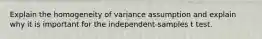 Explain the homogeneity of variance assumption and explain why it is important for the independent-samples t test.