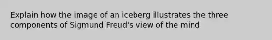 Explain how the image of an iceberg illustrates the three components of Sigmund Freud's view of the mind