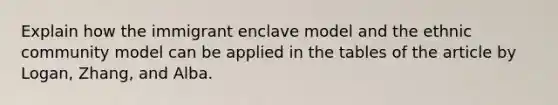 Explain how the immigrant enclave model and the ethnic community model can be applied in the tables of the article by Logan, Zhang, and Alba.