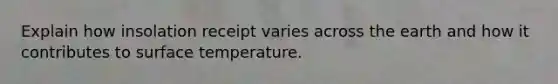 Explain how insolation receipt varies across the earth and how it contributes to surface temperature.