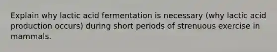 Explain why lactic acid fermentation is necessary (why lactic acid production occurs) during short periods of strenuous exercise in mammals.