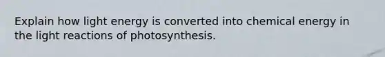 Explain how light energy is converted into chemical energy in the light reactions of photosynthesis.