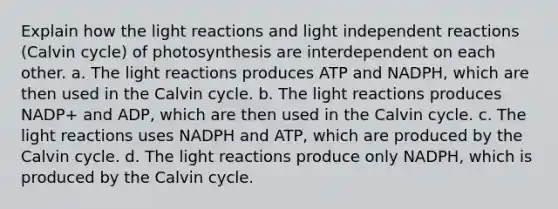 Explain how the light reactions and light independent reactions (Calvin cycle) of photosynthesis are interdependent on each other. a. The light reactions produces ATP and NADPH, which are then used in the Calvin cycle. b. The light reactions produces NADP+ and ADP, which are then used in the Calvin cycle. c. The light reactions uses NADPH and ATP, which are produced by the Calvin cycle. d. The light reactions produce only NADPH, which is produced by the Calvin cycle.