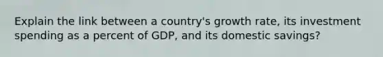 Explain the link between a country's growth rate, its investment spending as a percent of GDP, and its domestic savings?