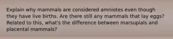 Explain why mammals are considered amniotes even though they have live births. Are there still any mammals that lay eggs? Related to this, what's the difference between marsupials and placental mammals?