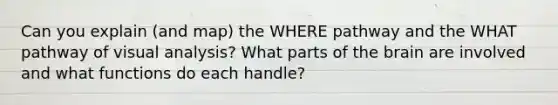 Can you explain (and map) the WHERE pathway and the WHAT pathway of visual analysis? What parts of the brain are involved and what functions do each handle?