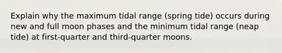 Explain why the maximum tidal range (spring tide) occurs during new and full moon phases and the minimum tidal range (neap tide) at first-quarter and third-quarter moons.