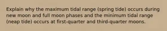 Explain why the maximum tidal range (spring tide) occurs during new moon and full moon phases and the minimum tidal range (neap tide) occurs at first-quarter and third-quarter moons.