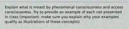 Explain what is meant by phenomenal consciousness and access consciousness. Try to provide an example of each not presented in class (important: make sure you explain why your examples qualify as illustrations of these concepts).