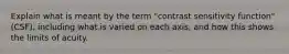 Explain what is meant by the term "contrast sensitivity function" (CSF), including what is varied on each axis, and how this shows the limits of acuity.