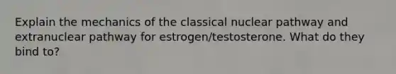 Explain the mechanics of the classical nuclear pathway and extranuclear pathway for estrogen/testosterone. What do they bind to?