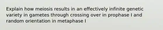 Explain how meiosis results in an effectively infinite genetic variety in gametes through crossing over in prophase I and random orientation in metaphase I