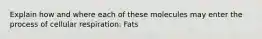 Explain how and where each of these molecules may enter the process of cellular respiration: Fats