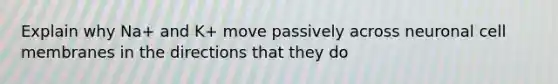 Explain why Na+ and K+ move passively across neuronal cell membranes in the directions that they do