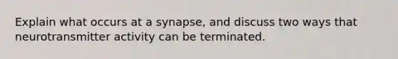 Explain what occurs at a synapse, and discuss two ways that neurotransmitter activity can be terminated.