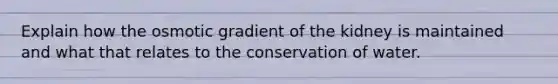 Explain how the osmotic gradient of the kidney is maintained and what that relates to the conservation of water.