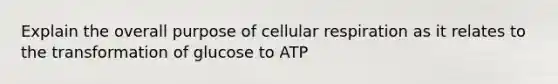 Explain the overall purpose of cellular respiration as it relates to the transformation of glucose to ATP