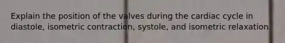 Explain the position of the valves during the cardiac cycle in diastole, isometric contraction, systole, and isometric relaxation.