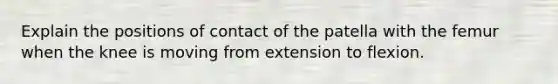 Explain the positions of contact of the patella with the femur when the knee is moving from extension to flexion.