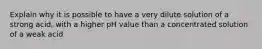 Explain why it is possible to have a very dilute solution of a strong acid, with a higher pH value than a concentrated solution of a weak acid