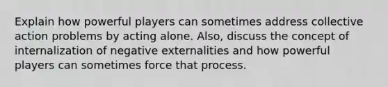 Explain how powerful players can sometimes address collective action problems by acting alone. Also, discuss the concept of internalization of negative externalities and how powerful players can sometimes force that process.