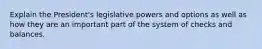 Explain the President's legislative powers and options as well as how they are an important part of the system of checks and balances.