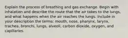 Explain the process of breathing and gas exchange. Begin with inhalation and describe the route that the air takes to the lungs, and what happens when the air reaches the lungs. Include in your description the terms: mouth, nose, pharynx, larynx, trachea, bronchi, lungs, alveoli, carbon dioxide, oxygen, and capillaries.