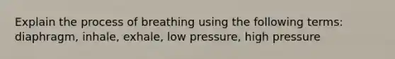 Explain the process of breathing using the following terms: diaphragm, inhale, exhale, low pressure, high pressure