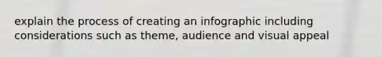 explain the process of creating an infographic including considerations such as theme, audience and visual appeal