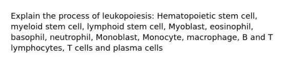 Explain the process of leukopoiesis: Hematopoietic stem cell, myeloid stem cell, lymphoid stem cell, Myoblast, eosinophil, basophil, neutrophil, Monoblast, Monocyte, macrophage, B and T lymphocytes, T cells and plasma cells