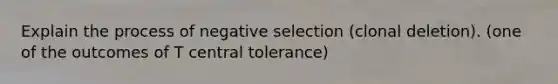 Explain the process of negative selection (clonal deletion). (one of the outcomes of T central tolerance)