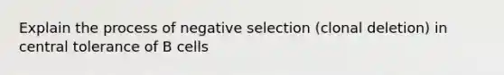 Explain the process of negative selection (clonal deletion) in central tolerance of B cells