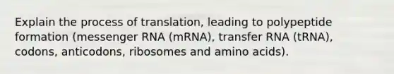 Explain the process of translation, leading to polypeptide formation (messenger RNA (mRNA), transfer RNA (tRNA), codons, anticodons, ribosomes and amino acids).