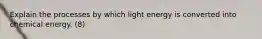 Explain the processes by which light energy is converted into chemical energy. (8)