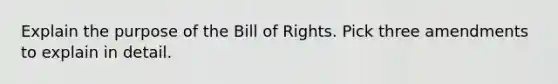 Explain the purpose of the Bill of Rights. Pick three amendments to explain in detail.